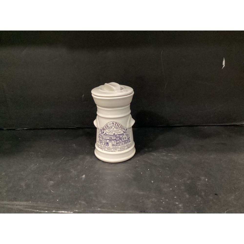 Vintage London Pottery Lidded Ceramic Blue White Stilton Cheese Jar Pot Bell Inn